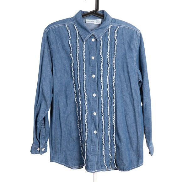 Y2K Denim Button Up Shirt L Womens Western Ruffle Cotton Blue Jean 90s MomCore - Picture 1 of 5